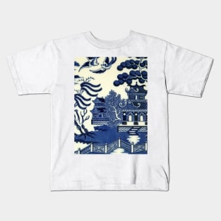 Antique willow ware oriental toile Kids T-Shirt